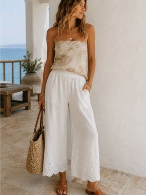 Philosophy Linen Blend White Eyelet Wide Leg Pants S Coastal Boho